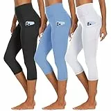 HIPOWER 3er Pack Leggings Damen mit Taschen Capri Sporthose 3/4 Hose Damen 7/8 Caprihose High Waist Yoga Sommer Sportleggings für Fitness Gym