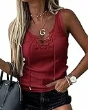 GeGekoko Damen Tank Tops Sexy Tiefer V-Ausschnitt Top Basic Ärmellos Shirts Rippstrick Party Tops mit Kordelzug Weinrot M