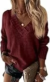 Wenrine Damen Pullover Winter Langarm V-Ausschnitt Strickpullover Sexy Lose Einfarbig(Burgunderrot,L)