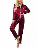 Ekouaer Schlafanzug Damen Lang Satin Schlafanzug Winter Hausanzug für Frauen Seide Pyjama Set Sleepshirt mit Knöpfe,Rot,M