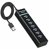 7-Port USB Hub 3.0 mit 120cm Kabel, USB A HUB Multiport Adapter mit 5V 3A Type-A Multiport Adapter Splitter EIN USB 3.0 und sechs USB 2.0-Hubs für PC Laptop MacBook U-Disk Maus weitere USB Geräte