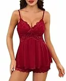 Lovasy Schlafanzug Damen Kurz Sexy Dessous Set V-Ausschnitt Spitzen Unterwäsche Nachtwäsche Verstellbare Spaghettiträger Loungewear,Wein Rot,M
