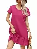 Missufe Damen Sommerkleid V Ausschnitt Kurzarm Rüschen Freizeit Lose Tunika T-Shirt Kurzes Kleid (Rosenrot, Mittel)