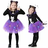 BuzzoXerex Katzenkostüm Kinder, Faschingskostüme Kinder Mädchen, 6 Stück Katzen Kostüm Mädchen mit Overall Leuchtendes Tutu Katzenohren-Stirnband Schwanz Fliege Leggings für Karneval Cosplay (M)