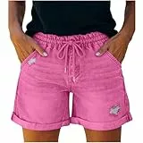 Jamicy Jeans Damen Shorts Sommer Stretch Jeansshorts High Waist Zerrissen Destroyed Jeanshose Kurz Casual Damen-Shorts Loose Fit Sommershorts Fashion Freizeitshorts Tunnelzug Kurze Hose Knallpink L