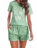 Uniexcosm Schlafanzug Damen Kurz Baumwolle Zweiteiliger Pyjama Set Kurzarm Nachtwäsche Wimperndruck Sleepwear Hausanzug Loungewear Stil 1:Grün-1 M
