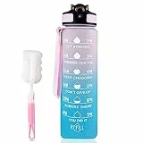 Nutabevr Sport Wasserflasche mit Zeitmarkierung und Strohhalm,1L Tritan Trinkflasche mit Becherbürste,1000ml Wasserflasche,Auslaufsichere BPA Frei für Büro,Fitnessstudio,Outdoor,Camping,Wandern