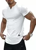 JMIERR Herren Muscle Slim T-Shirt V Ausschnitt Longline Henley Shirt Gym Workout Athletic T-Shirts Weiß M