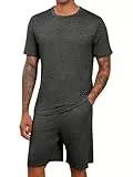 Runcati Schlafanzug Herren kurz Sommer Pyjama Sets mit Rundhalsausschnitt Kurzarm T Shirts und Shorts 2-Teiliges Lounge Sets Nachtwäsche Dunkelgrau L
