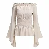 ABEHIK Damen Mittelalter Oberteil Falten Ärmelstulpe Korsett Bluse Gothic Off Shoulder Top Langarm Renaissance Trachtenbluse Shirt beige L