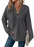 Cuptacc Damen Pullover Langarm V Ausschnitt Waffle Sweatshirt Damen Lässige Mit Drawstring Baggy Hoodie Pullover Trendy Gestricktes Airy Solid Top Dunkelgrau Plus Size XXXL