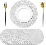 50 Stück Silber Papier Platzsets rund, 35 cm, Glitzerpapier-Tischsets Silber, rund Einweg-Tischsets Dekorative für Esstisch, Hochzeit, Geburtstag, Party, Weihnachten