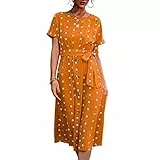Greensen Kleid Damen Elegant Sommerkleid Knielang Kleid Taille Casual Blumenkleid Abendkleid Rüschen Strandkleid Kleid Taille Partykleid Knopfkleid(S-Gelb)