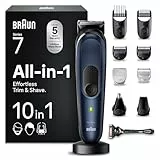 Braun All-In-One Trimmer-Set 7, 10-in-1 Multigroom, Barttrimmer, Nasenhaartrimmer, Haarschneidemaschine für Gesicht, Kopf und Körper, 100 Min. Akku, 14 Längen (3–21 mm), Wasserdicht, MGK7410, Blau
