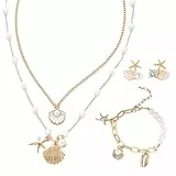 Byfoyif 5er Set Muschelkette mit Seestern Muschel Halskette Damen Armband Ohrringe Schmuck Set Meerjungfrau Accessoires Sea Shell Necklace Layer Charm Kette Choker Kette Damen für Sommer Strandurlaub