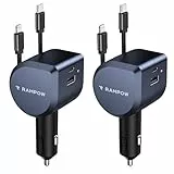 2Pack 100W Zigarettenanzünder USB C, RAMPOW 4in1 Einziehbares Auto Ladegerät, 65W USB-C Schnellladung, BMW Accessoires Car Auto Zubehör Innenraum mit MacBook, iPhone16e 15, Samsung, iPad-Mineralfarbe