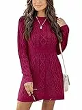 Ebifin Strickkleid Damen Rundhals Strickpullover Kleid Elegant Tunika Pullikleid Winterkleid Sweater A-Linie Minikleid.Weinrot.M