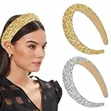 HEKOBAG 2 Stück Damen Haarreifen Glitzer Perlen Stirnband Strass Bling Thick Haarband Elastisches Stirnbänder Glitzernd für Frauen und Mädchen (Silber/Gold)