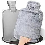 HAOCEE Wärmflasche mit Bezug, 2L Wärmeflasche Groß Flauschig,Wärmflaschen mit Känguru-Tasche,Auslaufsicher und Getestet, Wärmflasche lange warm, Bettflasche(Grau)