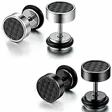 Flongo Damen Ohrringe Knopf Männer Ohrstecker, 4 Stück Gestüt Stecker mit Kohlenstoff Carbon Fiber Kohlefaser Herren Ohrringe Ohrstecker Ohrhänger Schwarz Gold Silber Taper Fake Plug Tunnel