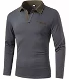 GLESTORE Poloshirt Herren Langarm Polo T Shirts Falsche Brusttasche Casual und Komfortabel Grau L