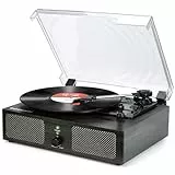 Udreamer Schallplattenspieler, Plattenspieler mit integrierten Lautsprechern und Bluetooth Riemenantrieb, Vintage-Phonograph mit 3 Geschwindigkeiten für Musikgenuss und Heimdekoration Holz Schwarz