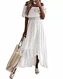 Damen-Maxikleid mit V-Ausschnitt, ärmellos, gestrickt, Spitze, Cutout, Schlinge, Rüschen, offener Rücken, unregelmäßiger Saum, Vintage-Partykleid, Boho, solides Strandkleid, Weiß C, L
