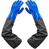 Haiou Teichhandschuhe Lang-Fischerhandschuhe-Teichpflege Handschuhe & Arbeitshandschuhe Wasserdicht, PU Handschuhe Sandstrahlen, Beständig Säuren und Laugen, 65cm (Blau)