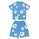 Herren T-Shirt und Shorts Set 2 Teiliges Sommer Trainingsanzug Jogginganzug Y2K Hip Hop Streetwear Kurzarm T-Shirts und Kurze Hose, Zweiteiler Herren Damen Blumen Motiv Outfits Sportanzug Blau S