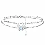 Hifeeled Schmetterling Fußkettchen Damen Silber 925 Doppelkette mit Kugelperlen Fusskettchen Sommer Barfuß Strand Fußketten Verstellbar |22cm+4|
