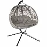 Outsunny Hängesessel, 2 Sitzer Hängestuhl mit Kissen, Hängeschaukel mit Klappbarem Sitzkorb, Seitentaschen für Indoor, Outdoor, bis 240 kg Belastbar, Polyester+Stahl, Sand