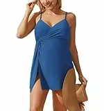 Maacie Damen Umstands-Badekleid mit V-Ausschnitt und geknoteter Vorderseite, verstellbaren Spaghettiträgern, Badeanzug mit angenähtem Slip, blau, S