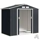 Outsunny Gerätehaus 2,42 m², Gartenhaus mit Pultdach, Schiebetür, Fundament, 213 x 130 x 185 cm, Geräteschuppen aus Verzinkter Stahl, wetterfest, für Garten, Dunkelgrau