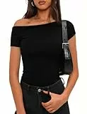 Totatuit Off Shoulder Oberteil Damen Kurzarm Slim Fit Top Schulterfrei Y2K Sommer Party Outfit Schwarz L