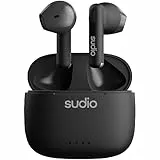 sudio A1 Midnight Black, Ohrhörer mit Bluetooth, Touch Control mit kompakter kabelloser Ladeschale IPX4 geschützt, geräuschdurchlässige Kopfhörer mit integriertem Mikrofon, Premium Crystal Sound