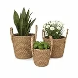 Relaxdays Blumentopf, 3er Set, Schilf, Pflanzentöpfe mit Folie & Griffen, 3 Größen, Boho-Style, runde Übertöpfe, Natur