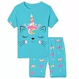 MIXIDON Mädchen Schlafanzug Kurz Kinder Sommer Baumwolle Kinder Pyjama 98 104 110 116 122 128 134 140 146 Katze 8 Jahre