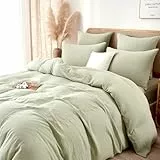 Luofanfei Baumwolle Muslin Bettwäsche 135x200 Grün Hellrün Renforce Uni Sommer Kühlende Bettwäsche Set Boho Weiche Bettbezug Knitterlook Bügelfrei mit Reißverschluss und Kissenbezug 80x80cm
