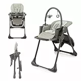 Kinderkraft TUMMIE Hochstuhl 2 in 1, Kinderhochstuhl, Babystuhl, Kombihochstuhl, ab den Ersten Lebensmonaten, Fußstütze, Halbliegende Position, Bezug aus PU, mit Spielzeugen, Grau