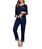 COLORFULLEAF Schlafanzug Damen Lang 100% Baumwolle Pyjama Zweiteiliger Lounge Set V-Ausschnitt Nachtwäsche Langarm Loungewear(Marineblau,M)