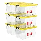 Cetomo 15L*3 Kunststoff-Aufbewahrungsbox Transparent mit langlebigen gelben Deckel und Sicherheitsverschluss stapelbar und verschachtelt 3-Packs mit Verschluss