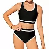 InfiniZer Mädchen Badeanzug Bikini Set Einfarbig Zweiteiliger Badeanzug mit Brustpolstern Bademode Hoch taillierter sportlicher Bikini Badeanzug (DE/NL/SE/PL, Alter, 11 Jahre, Regular, Schwarz)