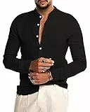 AUDATE Herren Button-down Baumwolle Leinenhemd Langarm Regular Fit Shirts Freizeithemd Schwarz 2XL