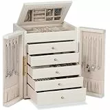 Dajasan Groß Schmuckaufbewahrung, 6 Ebenen Schmuckkästchen mit 5 Schubladen, Schmuckkasten mit Spiegel & Doppeltür, Schmuckschrank aus Vertikales Textur Leder, Modern, Geschenk für Damen (Beige)