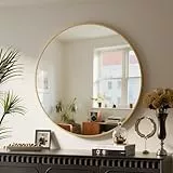 BEAUTYPEAK 46 cm Runder Spiegel, Bruchsicherer Wandspiegel mit Aluminiumrahmen, Badezimmer Spiegel zum Aufhängen und Anlehnen, Rund Wandspiegel für Schlafzimmer, Bad, Wohnzimmer Gold