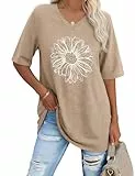 Litherday Damen T-Shirt Oversize V-Ausschnitt Locker Kurzarm Gänseblümchen Print Plus Size Bluse Freizeit Sommer Casual Top (Khaki, L)