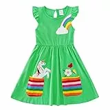 Kleine Mädchen Kleider Regenbogen Langarm/Ärmelloses Kleid Mädchen Baumwolle Tasche T-Shirt Kleid Kinder Winter/Sommer Streifen Kleid mit Einhorn Blumen Druck 3-8 Jahre, Agreen 1, 7-8 Jahre