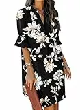 JOCAFIYE Damen schwarzes Kleid mit weißen Blumen Freizeitkleider für Damen Rüschenärmel V-Ausschnitt Straight Fit Kleid Schwarz Blume M