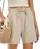 Libin Kurze Hose Damen Leinen Imitiert Shorts Sommer Strandshorts High Waist Kordelzug Freizeit Shorts mit Taschen Beige M