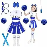 Shinybox Cheerleader Kostüm Kinder, Faschingskostüme Kinder Cheerleading mit Pompons, Socken, Pfeift Aufblasbare Cheer Sticks, Bowknot Kopfschmuck und Perücken für Karneval Halloween(Blau,160)